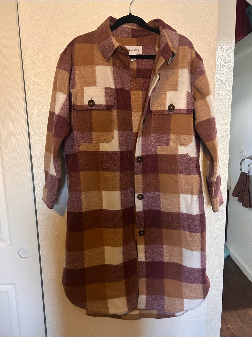 Tribal Plaid Trench Coat - Rust, Cream & Burgundy